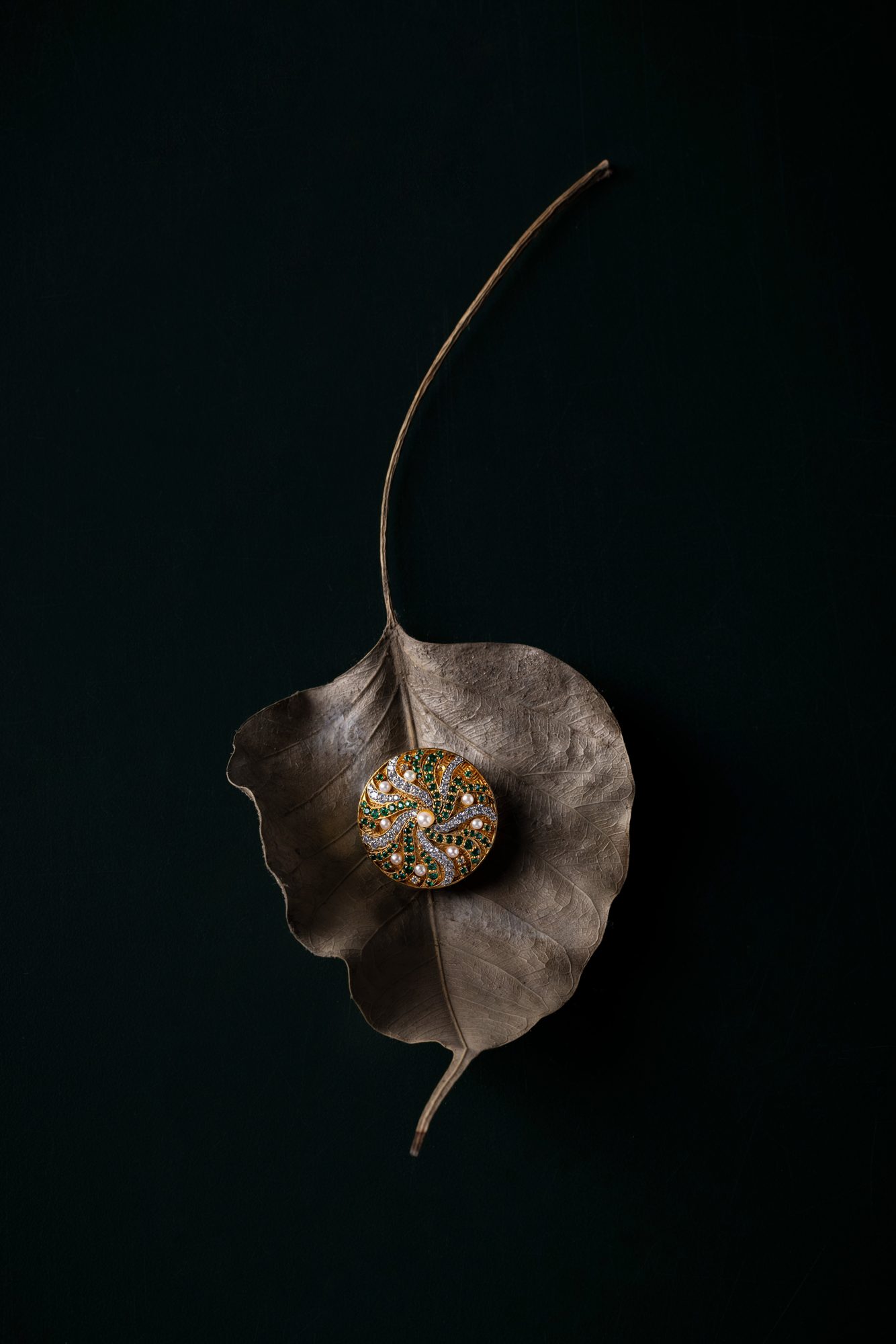 Swirl Bandhgala button, pearl, emerald and diamond