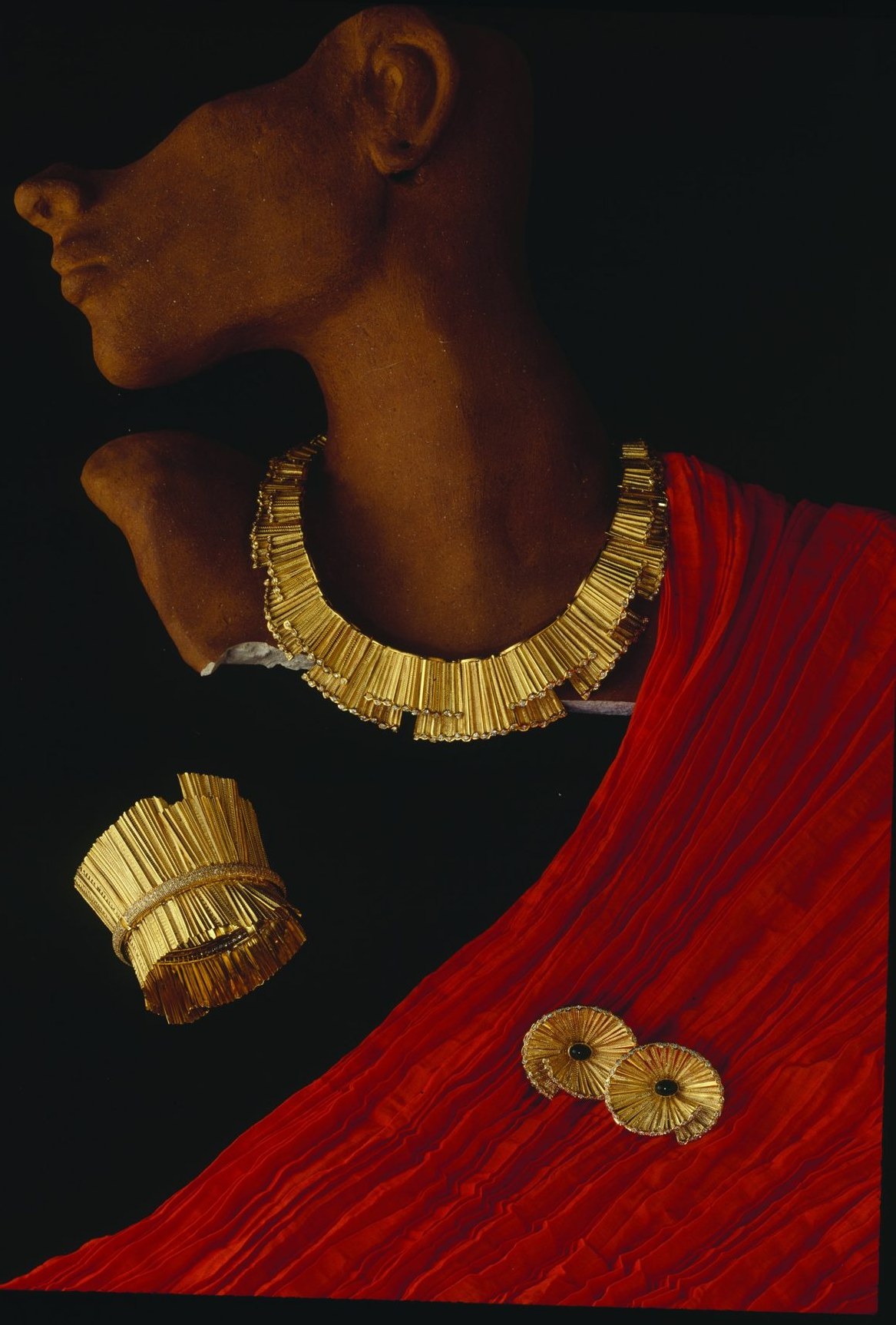 Archival fringed gold necklace, cuff, and earrings, 22k gold