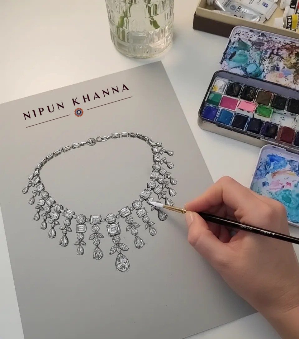 Hand-painted design sketch, diamond fringe necklace, Nipun Khanna