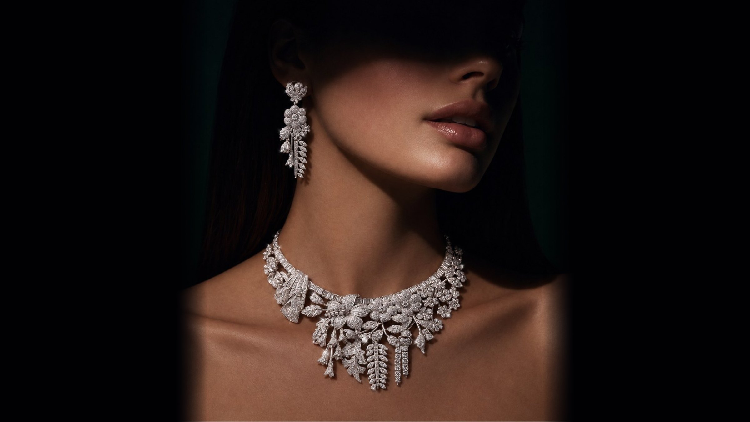 Diamond floral necklace and earrings worn