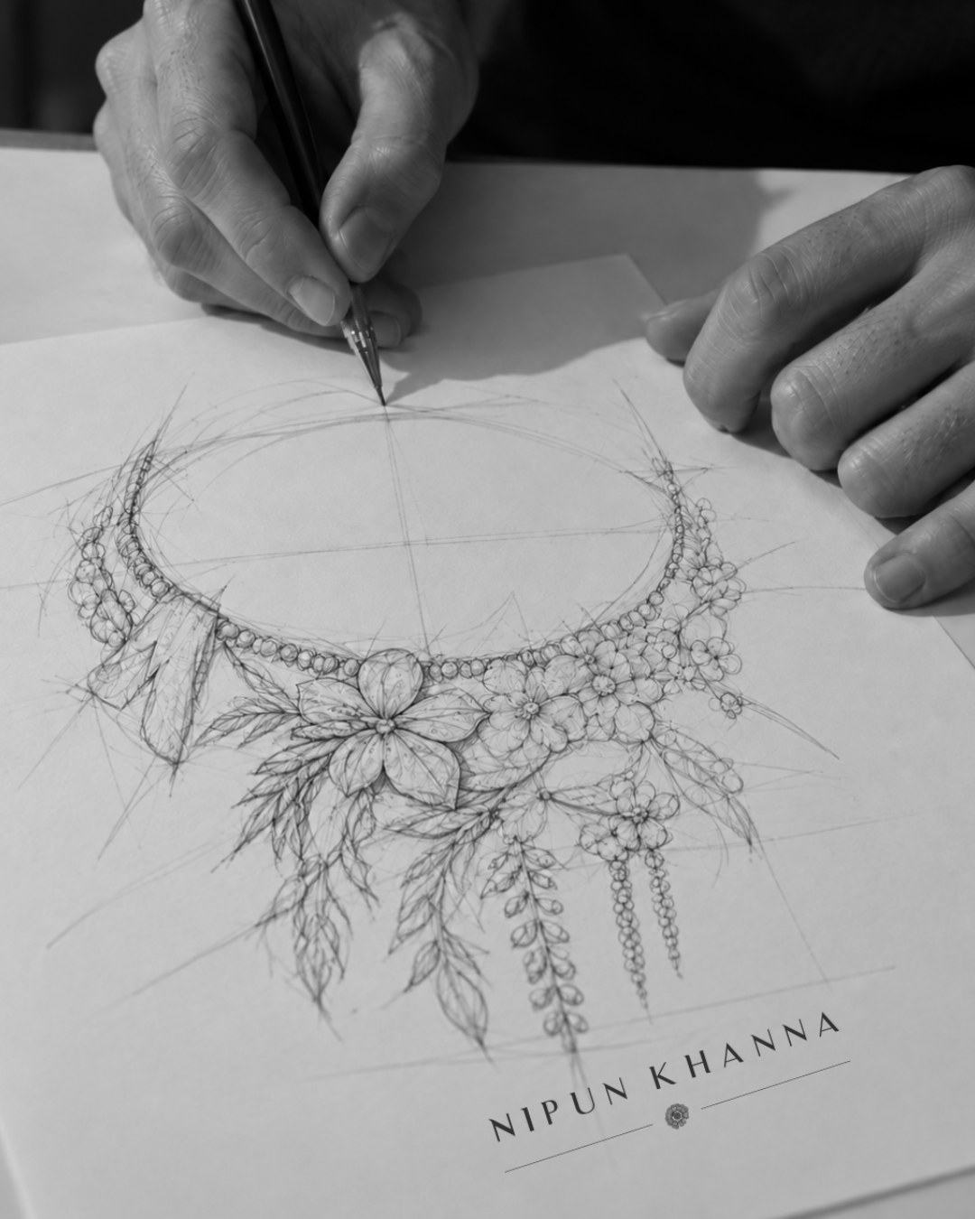 Pencil sketch of the diamond floral necklace