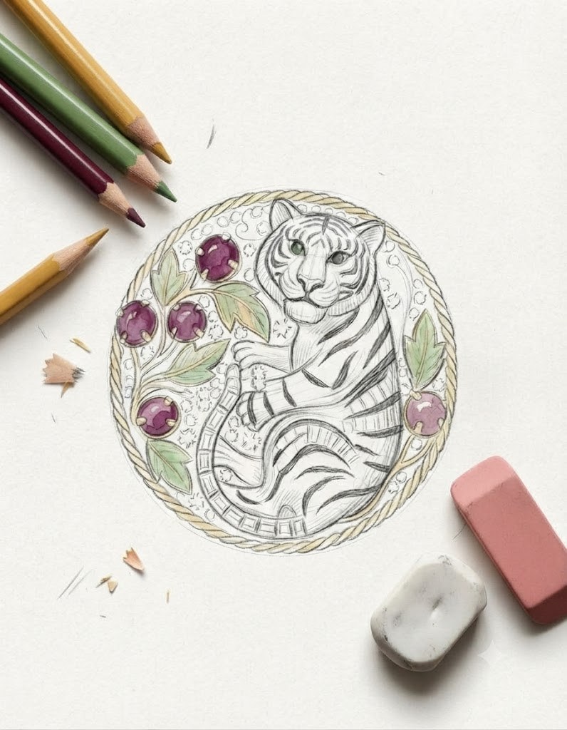 Hand-drawn sketch of the Tiger brooch with rubies, leaves and rope-twist border